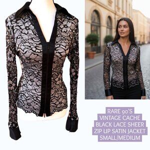 RARE Vintage 90s Cache Black Lace Sheer Zip Up Blouse Jacket - S/M - EU
